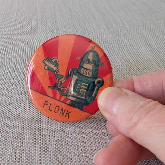 PLONK Robot Drink Button Orange 2.25" Handcrafted Cartoon Cocktail Waiter Fun - Picture 6 of 10